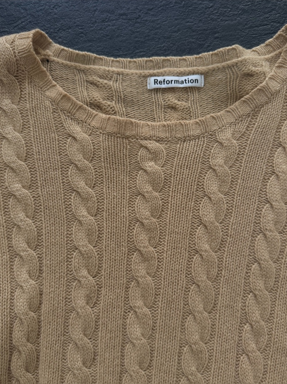 Reformation Cable-Knit Crewneck Sweater in Tan